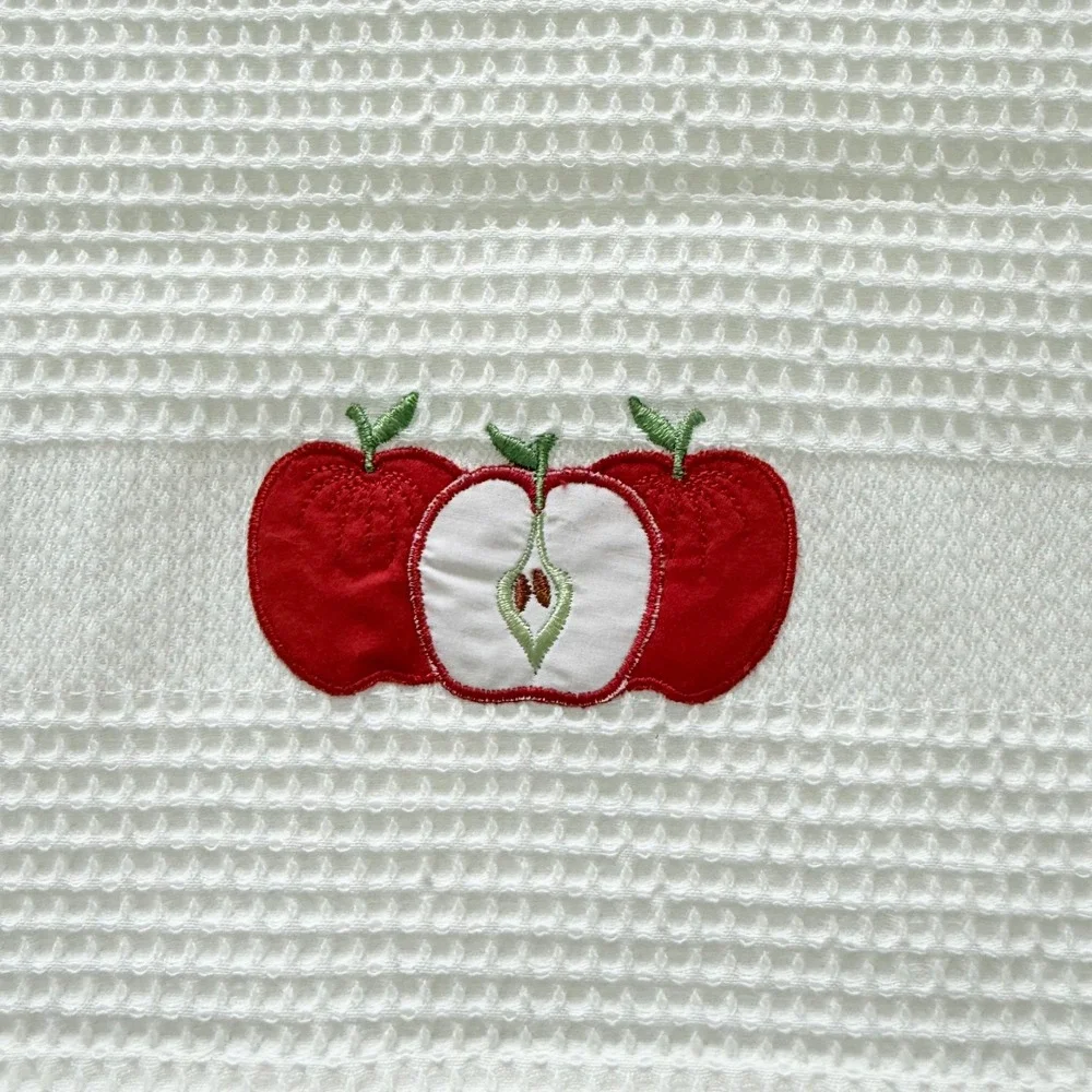 White Waffle Weave Bib‎ Apron Red Ties Embroidered Apple Fruit RN 75343 Turkey